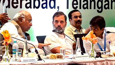 Congress president Mallikarjun Kharge and former party chief Rahul Gandhi during the second day of the Congress Working Committee meeting in Hyderabad on Sunday. (PTI) Congress president Mallikarjun Kharge and former party chief Rahul Gandhi during the second day of the Congress Working Committee meeting in Hyderabad on Sunday. (PTI)