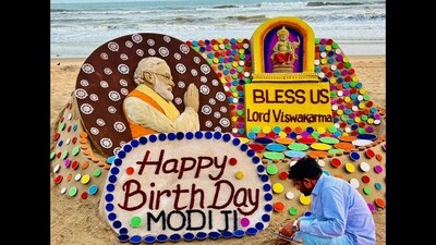 Sand art created by Sudarsan Pattnaik on PM Modi’s 73rd birthday. (X/@sudarsansand) Sand art created by Sudarsan Pattnaik on PM Modi’s 73rd birthday. (X/@sudarsansand)