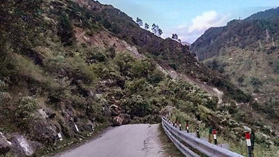 A view of National Highway 5 being blocked following a major landslide near Negulsari in Himachal Pradesh's Kinnaur district on Sept. 8. (PTI) A view of National Highway 5 being blocked following a major landslide near Negulsari in Himachal Pradesh's Kinnaur district on Sept. 8. (PTI)