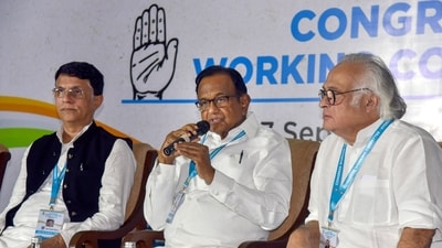 Hyderabad: (L-R) Congress leaders Pawan Khera, P Chidambaram and Jairam Ramesh duirng a press conference after the CWC meeting. (PTI) Hyderabad: (L-R) Congress leaders Pawan Khera, P Chidambaram and Jairam Ramesh duirng a press conference after the CWC meeting. (PTI)