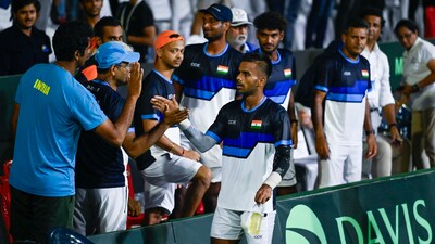 India's Sumit Nagal celebrates with teammates after winning the match against Morocco's Adam Moundir in the second singles of the Davis Cup World Group-II tie, in Lucknow (Deepak Gupta/HT Photo) India's Sumit Nagal celebrates with teammates after winning the match against Morocco's Adam Moundir in the second singles of the Davis Cup World Group-II tie, in Lucknow (Deepak Gupta/HT Photo)