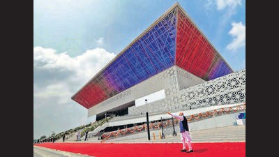 Prime Minister Narendra Modi at the India International Convention and Expo Centre in New Delhi on Sunday. (HT Photo) Prime Minister Narendra Modi at the India International Convention and Expo Centre in New Delhi on Sunday. (HT Photo)