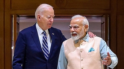 Prime Minister Narendra Modi with US President Joe Biden, in New Delhi on Friday. (PTI) Prime Minister Narendra Modi with US President Joe Biden, in New Delhi on Friday. (PTI)