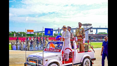 Union home minister Amit Shah inspects the parade during Hyderabad Liberation Day celebrations at Parade Ground, in Secunderabad onSunday. (PTI) Union home minister Amit Shah inspects the parade during Hyderabad Liberation Day celebrations at Parade Ground, in Secunderabad onSunday. (PTI)