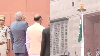 Vice President Jagdeep Dhankhar hoists national flag at Gaj Dwar in new Parliament building in Delhi.