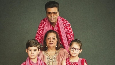 Karan Johar with his mom, Hiroo Johar, and kids, Yash and Roohi Johar