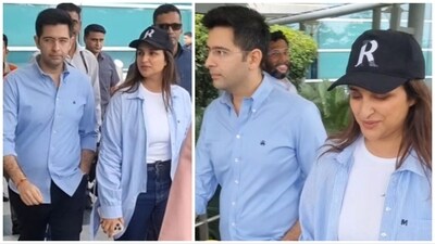 Raghav Chadha and Parineeti Chopra at Delhi airport on Sunday. (Pallav Paliwal/Hindustan Times) Raghav Chadha and Parineeti Chopra at Delhi airport on Sunday. (Pallav Paliwal/Hindustan Times)