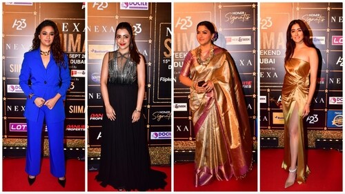 Keerthy Suresh, Trisha Krishnan, Khuhbu Sundar and Jonita Gandhi at SIIMA event on Saturday. Keerthy Suresh, Trisha Krishnan, Khuhbu Sundar and Jonita Gandhi at SIIMA event on Saturday.