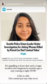 Priyanka Chopra shared a post about Indian student Jaahnavi Kandula's death.