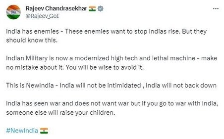 Union minister Rajeev Chandrasekhar's warning amid J&K operations.