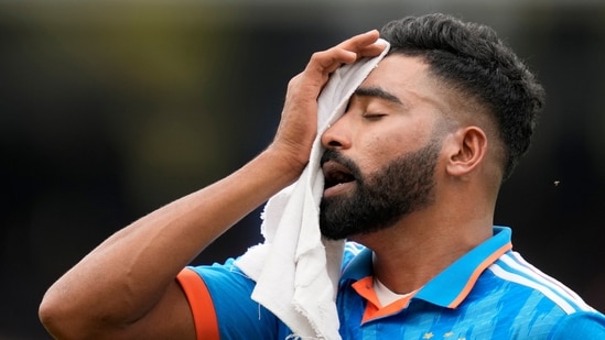 India's Mohammed Siraj gestures during the Asia Cup final cricket match between India and Sri Lanka in Colombo on Sunday, (AP)