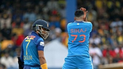 India's Mohammed Siraj celebrates a dismissal in the Asia Cup 2023 final match against Sri Lanka, at R.Premadasa Stadium, in Colombo (ICC Twitter) India's Mohammed Siraj celebrates a dismissal in the Asia Cup 2023 final match against Sri Lanka, at R.Premadasa Stadium, in Colombo (ICC Twitter)