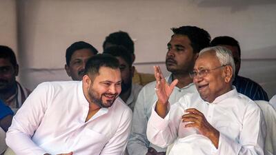 Bihar chief minister Nitish Kumar with his deputy Tejashwi Yadav in Patna on Monday. (PTI)
