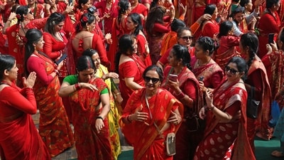 On the occasion of Hartalika Teej, devotees from all over the country gathered at Lord Shiva temples, including the Pashupatinath Temple in Nepal, to offer prayers to Lord Shiva. (AFP) On the occasion of Hartalika Teej, devotees from all over the country gathered at Lord Shiva temples, including the Pashupatinath Temple in Nepal, to offer prayers to Lord Shiva. (AFP)