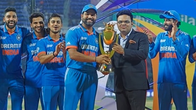 Indian captain Rohit Sharma receives the Asia Cup trophy from ACC president Jay Shah (PTI) Indian captain Rohit Sharma receives the Asia Cup trophy from ACC president Jay Shah (PTI)