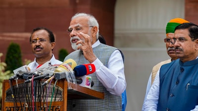 "At this time, we all are feeling an atmosphere of enthusiasm and a new confidence in the entire country. At the same time, this session of Parliament is taking place. This session is short, but in terms of time, it is very big. This is a session of historic decisions. A speciality of this session is that the journey of 75 years is starting from a new destination," PM Modi said. (PTI) "At this time, we all are feeling an atmosphere of enthusiasm and a new confidence in the entire country. At the same time, this session of Parliament is taking place. This session is short, but in terms of time, it is very big. This is a session of historic decisions. A speciality of this session is that the journey of 75 years is starting from a new destination," PM Modi said. (PTI)