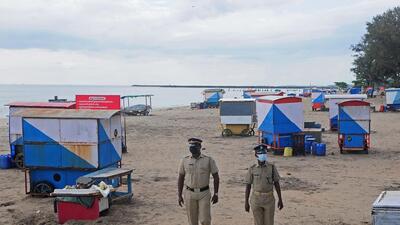 Security personnel patrol near a deserted Kozhikode beach after restrictions were imposed by the district administration in Kozhikode, in India's southern state of Kerala on September 18, 2023 (AFP) Security personnel patrol near a deserted Kozhikode beach after restrictions were imposed by the district administration in Kozhikode, in India's southern state of Kerala on September 18, 2023 (AFP)