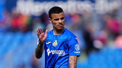 Getafe's Mason Greenwood waves to fans at the end of a La Liga match. (AP) Getafe's Mason Greenwood waves to fans at the end of a La Liga match. (AP)
