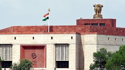 The tricolour atop the new Parliament building. (Sanjeev Verma/HT Photo) The tricolour atop the new Parliament building. (Sanjeev Verma/HT Photo)