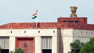 The tricolour atop the new Parliament building. (Sanjeev Verma/HT Photo) The tricolour atop the new Parliament building. (Sanjeev Verma/HT Photo)
