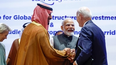 US President Joe Biden, Saudi Arabian PM and Crown Prince Mohammed bin Salman and PM Narendra Modi seen during the launch of the India-Middle East-Europe economic corridor. (AP) US President Joe Biden, Saudi Arabian PM and Crown Prince Mohammed bin Salman and PM Narendra Modi seen during the launch of the India-Middle East-Europe economic corridor. (AP)