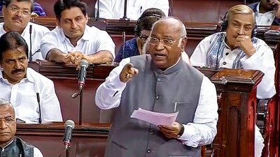 Leader of Opposition in Rajya Sabha Mallikarjun Kharge speaks in the House during a special session of Parliament, in New Delhi, Monday, Sept. 18, 2023. (PTI) Leader of Opposition in Rajya Sabha Mallikarjun Kharge speaks in the House during a special session of Parliament, in New Delhi, Monday, Sept. 18, 2023. (PTI)