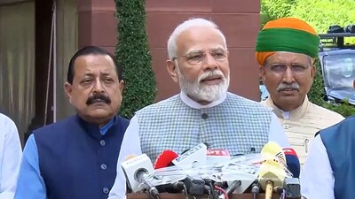 Prime Minister Narendra Modi speaks to media ahead of a session of the Parliament.