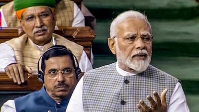 Prime Minister Narendra Modi speaks in the Lok Sabha during a special session of Parliament, in New Delhi, Monday, Sept. 18, 2023. (PTI) Prime Minister Narendra Modi speaks in the Lok Sabha during a special session of Parliament, in New Delhi, Monday, Sept. 18, 2023. (PTI)