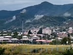 Smoke rising from artillery strikes on a hilltop outside Stepanakert, the capital of the Armenian-populated separatist region within Azerbaijani borders. 