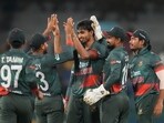 Bangladesh's Tanzim Hasan Sakib celebrates taking the wicket of India's Tilak Varma Bangladesh's Tanzim Hasan Sakib celebrates taking the wicket of India's Tilak Varma