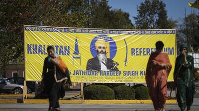 A photograph of Hardeep Singh Nijjar on a banner outside the Guru Nanak Sikh Gurdwara Sahib in Surrey, British Columbia. (AP) A photograph of Hardeep Singh Nijjar on a banner outside the Guru Nanak Sikh Gurdwara Sahib in Surrey, British Columbia. (AP)
