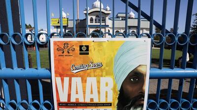 A sign outside the Guru Nanak Sikh Gurdwara temple after the killing of Hardeep Singh Nijjar in Surrey, British Columbia, Canada. (REUTERS) A sign outside the Guru Nanak Sikh Gurdwara temple after the killing of Hardeep Singh Nijjar in Surrey, British Columbia, Canada. (REUTERS)