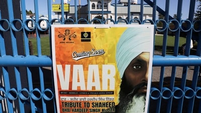 A sign outside the Guru Nanak Sikh Gurdwara temple is seen after the killing of Hardeep Singh Nijjar, in Surrey, British Columbia, Canada. (REUTERS)