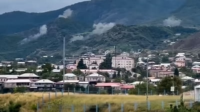 Smoke rising from artillery strikes on a hilltop outside Stepanakert, the capital of the Armenian-populated separatist region within Azerbaijani borders. (AFP) Smoke rising from artillery strikes on a hilltop outside Stepanakert, the capital of the Armenian-populated separatist region within Azerbaijani borders. (AFP)