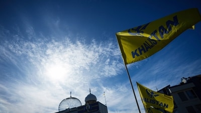 Khalistan flags are seen outside the Guru Nanak Sikh Gurdwara Sahib in Surrey, British Columbia. (AP)