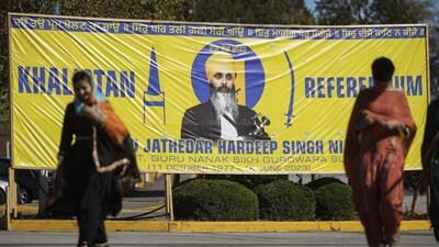 A photograph of Hardeep Singh Nijjar on a banner outside the Guru Nanak Sikh Gurdwara Sahib in Surrey, British Columbia. (AP) (HT_PRINT) A photograph of Hardeep Singh Nijjar on a banner outside the Guru Nanak Sikh Gurdwara Sahib in Surrey, British Columbia. (AP) (HT_PRINT)