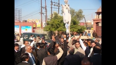 File photo of protest lodged by lawyers at gate of Collectorate in Agra. (File) File photo of protest lodged by lawyers at gate of Collectorate in Agra. (File)