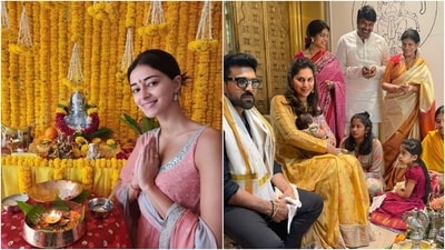 Ananya Panday and Ram Charan with their families welcome Ganpati Bappa home. (Instagram) Ananya Panday and Ram Charan with their families welcome Ganpati Bappa home. (Instagram)