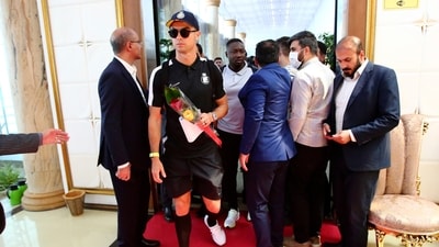In this photo released by FC Persepolis, Saudi Arabian Al Nassr Cristiano Ronaldo, second left, walks through Imam Khomeini airport, Iran, (AP) In this photo released by FC Persepolis, Saudi Arabian Al Nassr Cristiano Ronaldo, second left, walks through Imam Khomeini airport, Iran, (AP)