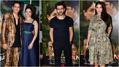 Vijay Varma, Tamannah Bhatia, Kartik Aaryan, and Nora Fatehi attend Jaane Jaan screening. (HT Photo/Varinder Chawla) Vijay Varma, Tamannah Bhatia, Kartik Aaryan, and Nora Fatehi attend Jaane Jaan screening. (HT Photo/Varinder Chawla)