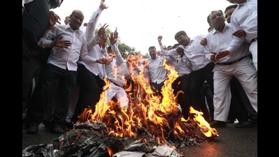 Lawyers burning an effigy of police recently to protest the Hapur lathicharge. (HT FILE PHOTO)