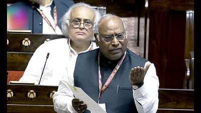 Leader of the Opposition in Rajya Sabha Mallikarjun Kharge speaks in the House during the Special Session at the new Parliament building on Tuesday. (ANI)