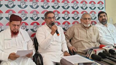 Local Congress leaders organised a press conference in Nuh decrying Khan’s arrest on Tuesday. (HT Photo) Local Congress leaders organised a press conference in Nuh decrying Khan’s arrest on Tuesday. (HT Photo)