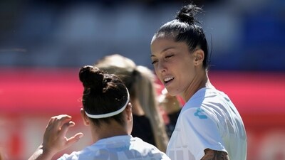 Jenni Hermoso, right, talks with a teammate before a Mexican Women's soccer league match between Pachuca and Pumas (AP) Jenni Hermoso, right, talks with a teammate before a Mexican Women's soccer league match between Pachuca and Pumas (AP)