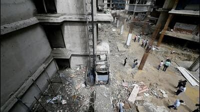 On Friday morning, a service lift malfunctioned and collapsed at the Amrapali Dream Valley (Phase-2) project in Techzone-4, Greater Noida West, resulting in the death of eight daily wage workers and severe injuries to one other. (Sunil Ghosh/HT Photo) On Friday morning, a service lift malfunctioned and collapsed at the Amrapali Dream Valley (Phase-2) project in Techzone-4, Greater Noida West, resulting in the death of eight daily wage workers and severe injuries to one other. (Sunil Ghosh/HT Photo)