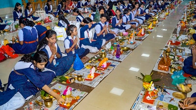 School students offer prayer to Lord Ganesha on the occasion of Ganesh Chaturthi festival in Bhubaneswar. (PTI) School students offer prayer to Lord Ganesha on the occasion of Ganesh Chaturthi festival in Bhubaneswar. (PTI)