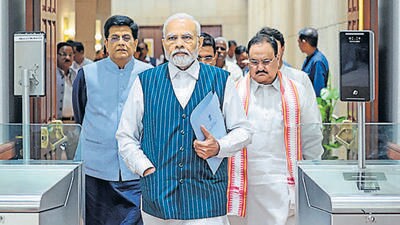 Prime Minister Narendra Modi arrives with Bharatiya Janata Party leaders JP Nadda and Piyush Goyal at the new Parliament building for the Special Session, in New Delhi on Tuesday) (ANI) Prime Minister Narendra Modi arrives with Bharatiya Janata Party leaders JP Nadda and Piyush Goyal at the new Parliament building for the Special Session, in New Delhi on Tuesday) (ANI)