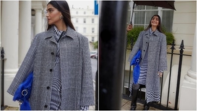 Sonam's knee-length dress features a raised collar, a zipper detail, and a form-fitting silhouette. Meanwhile, the trench coat has a notch lapel collar neckline, full-length sleeves, padded shoulders, button closures with an open front, and a relaxed silhouette. She completed the ensemble with matching stockings. Sonam's knee-length dress features a raised collar, a zipper detail, and a form-fitting silhouette. Meanwhile, the trench coat has a notch lapel collar neckline, full-length sleeves, padded shoulders, button closures with an open front, and a relaxed silhouette. She completed the ensemble with matching stockings. 