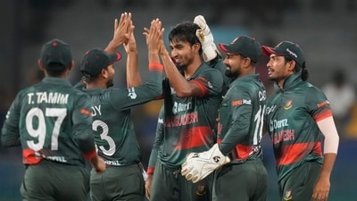 Bangladesh's Tanzim Hasan Sakib celebrates taking the wicket of India's Tilak Varma (AP) Bangladesh's Tanzim Hasan Sakib celebrates taking the wicket of India's Tilak Varma (AP)