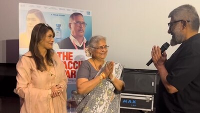Sudha Murty at the screening of The Vaccine War with Pallavi Joshi and Vivek Agnihotri. Sudha Murty at the screening of The Vaccine War with Pallavi Joshi and Vivek Agnihotri.